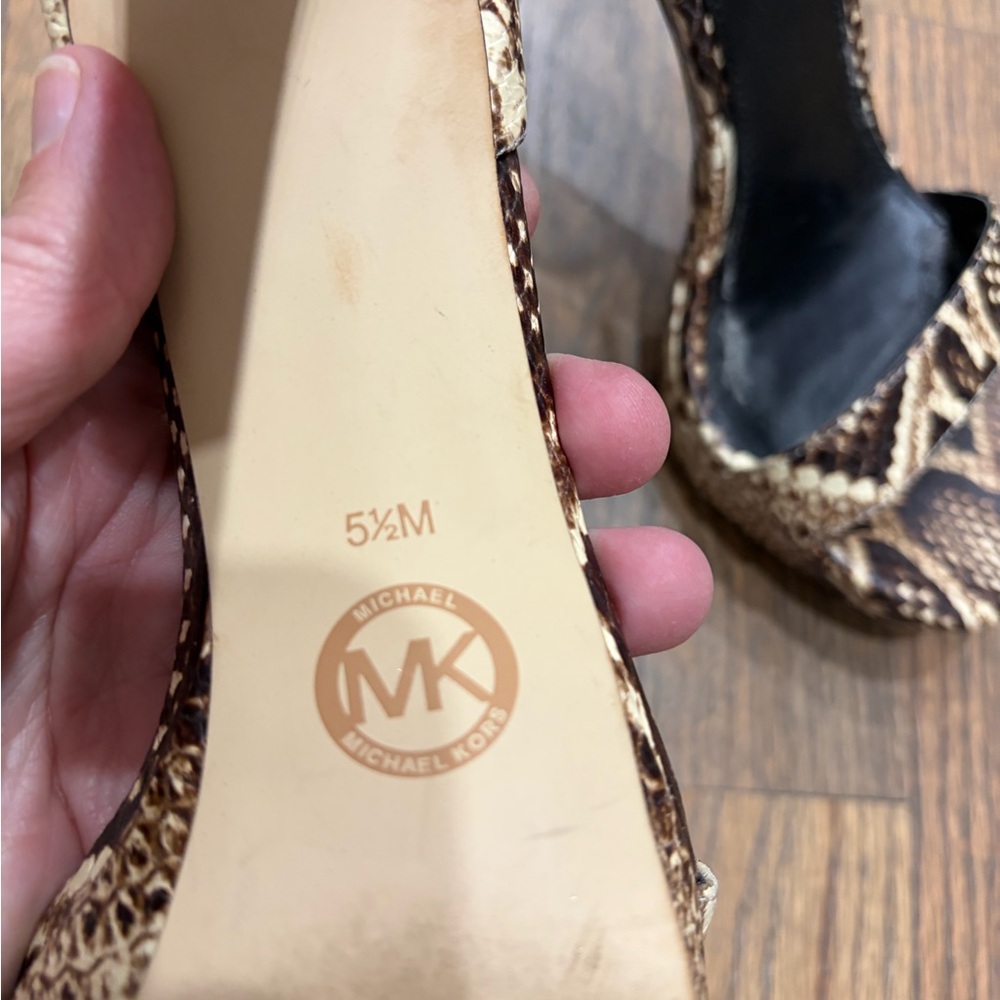 Michael Kors Brown & Cream Snake-Print Platform Ankle-Strap Heels - Picture 4 of 5